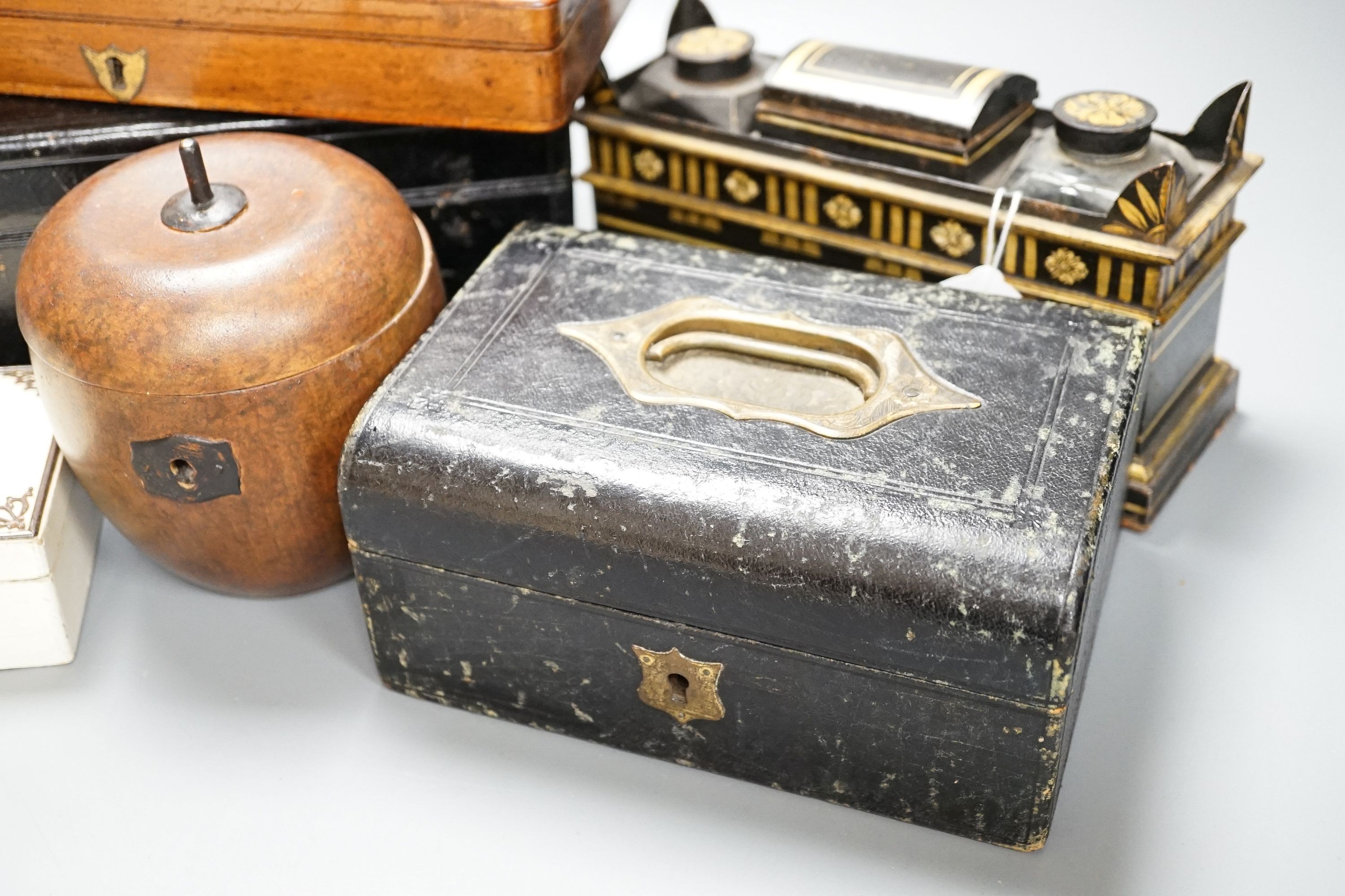 A Victorian Grecian revival toleware inkstand, width 20cm height 12cm, together with various pen boxes and Morocco leather covered boxes